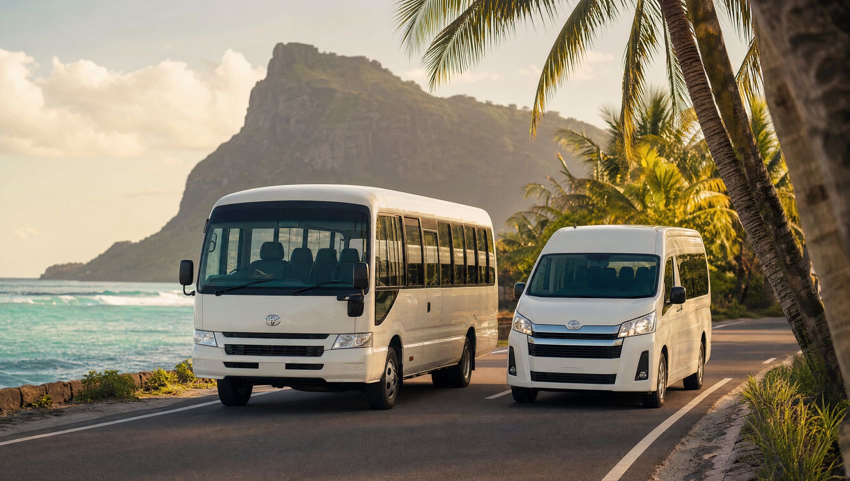An Island Trip Toyota Coaster and Hiace on a coastal road in Mauritius