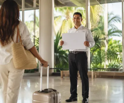An Island Trip driver meeting an arriving traveller in the airport arrivals hall