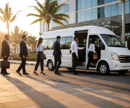 Office staff boarding an Island Trip minibus outside their workplace at sunrise