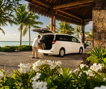 Luggage being loaded at the entrance of a beach resort in Mauritius