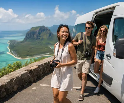 Guests stepping off a minibus at a viewpoint above Le Morne